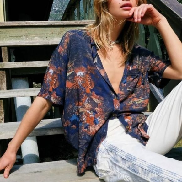 Free People Tops - FREE PEOPLE Share Good Vibes Button-Front Top in Navy Combo - NWT - Size XL
